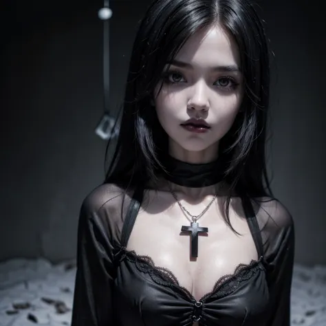  Gothic woman with snow-white skin,  medium short and messy black hair , black eyes, black lips,  wearing crucifix necklace , Dressed as a Black Lantern by DCcomics, anime style