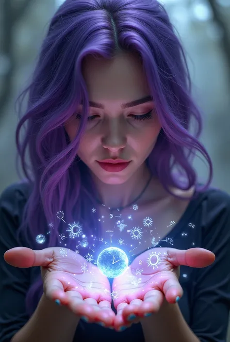 The purple-haired woman is looking on her hands. On her hands are a spinning clock, various formulas, quotes, numbers, and signs of the zodiac that are floating like magic.