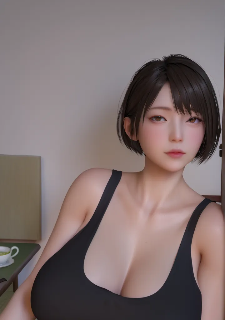 generate a realistic, full-body image of a young woman with a short bob haircut and dark bangs, similar to the character in the ...