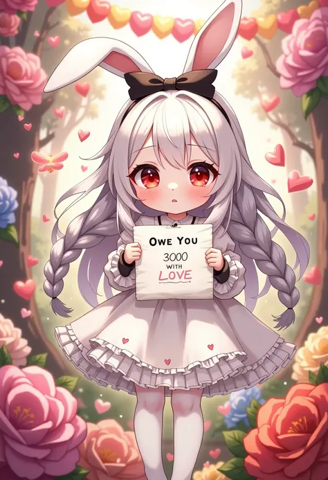 Cute anime-style chibi girl(red eyes,white rabbit ears, wearing pretty white dress embroidered with shiny white silk, luxuriously braided long white hair, big black hair bow) is holding out to viewer a cute love letter written “OWE YOU 3000 WITH LOVE” by c...