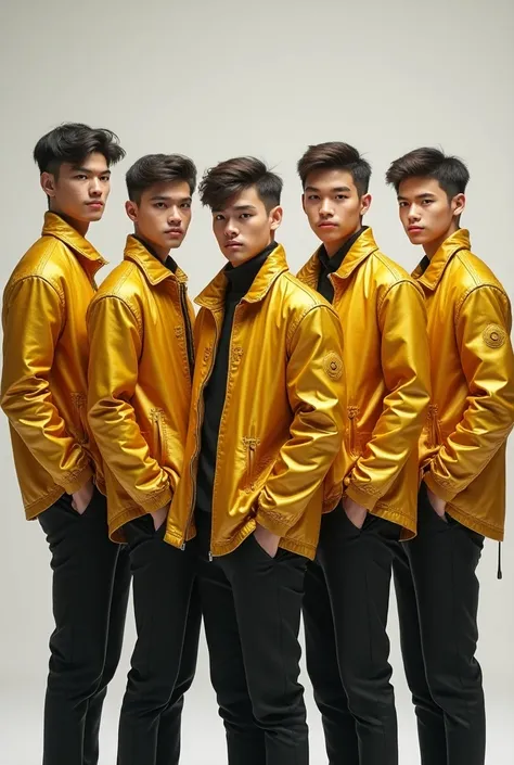 5 handsome  boy stand in a line with  pose fair skin golden jacket  with gaming consoles in hand