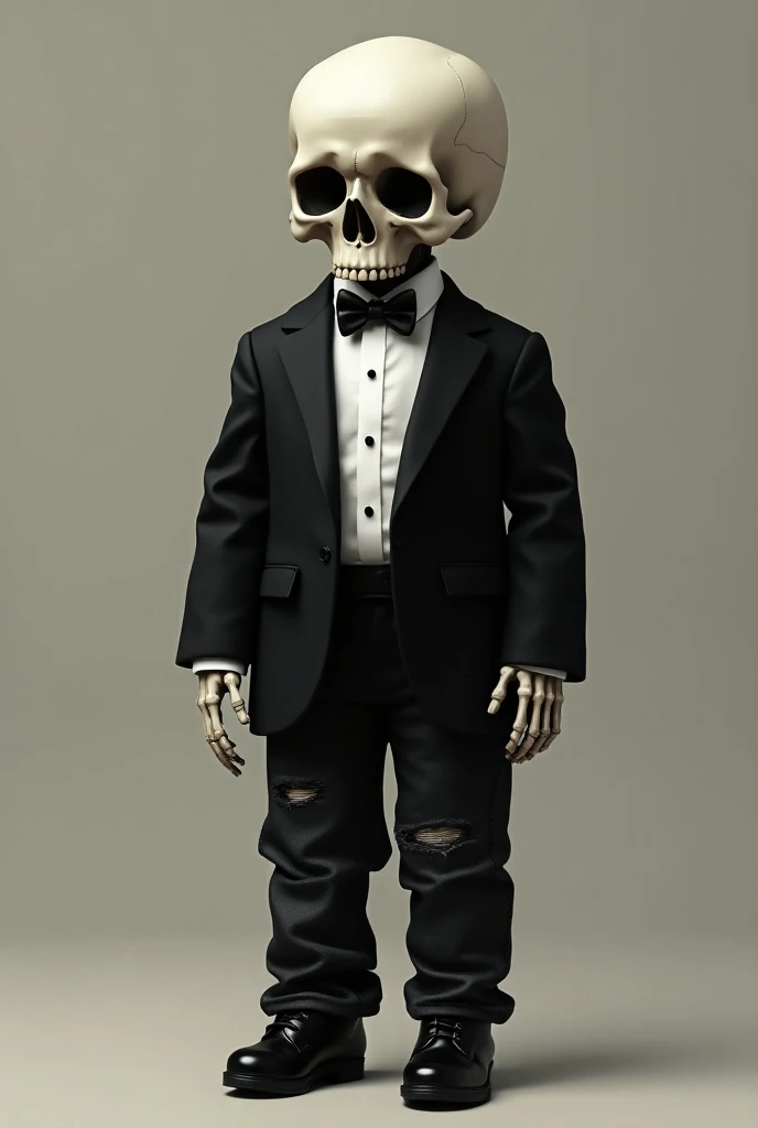  baby skull, dressed in formal clothes, black suit, white shirt, butterfly tie, ripped jeans, black formal shoes.