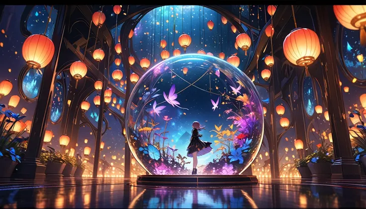 In a zero-gravity space countless lanterns float around with fairies flying and drawing lines of light around them, The scene is set inside a spherical diorama capturing the ethereal and cool atmosphere, The digital art style emphasizes sharp vibrant detai...