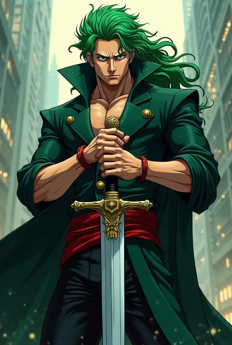  make me an adult zorro image from anime one piece, green hair ,  using his sword , am sitting