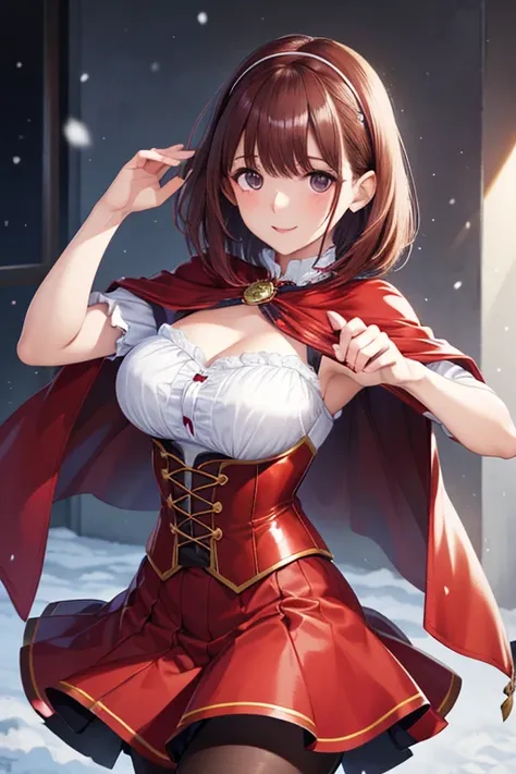 my grandmother、 shiny maroon hair ,  short hair, ( brown pretty eyes、 Sparkling Eyes, Fine grain)、smile、 super detailed eyes 、 highly detailed face holding 1 ,  very detailed eyes, one girl playing pranks,  Hi-Res, Best Quality,Alone、


, Dress up as Snow ...