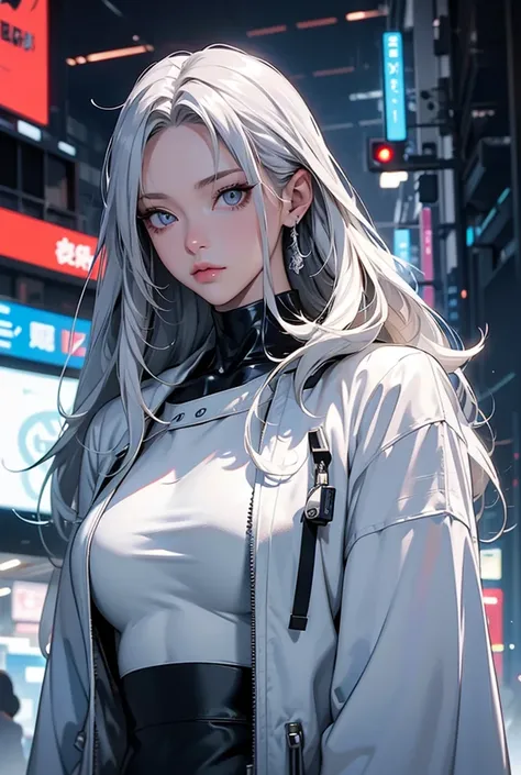   cyberpunk、 High image quality、silver haired sexy woman 、 very long hair,  golden eyes, futuristic cyberpunk white rubber suit、Glamorous figure、whole body、Near Future Blue Short Jacket 、Alone、High exposure