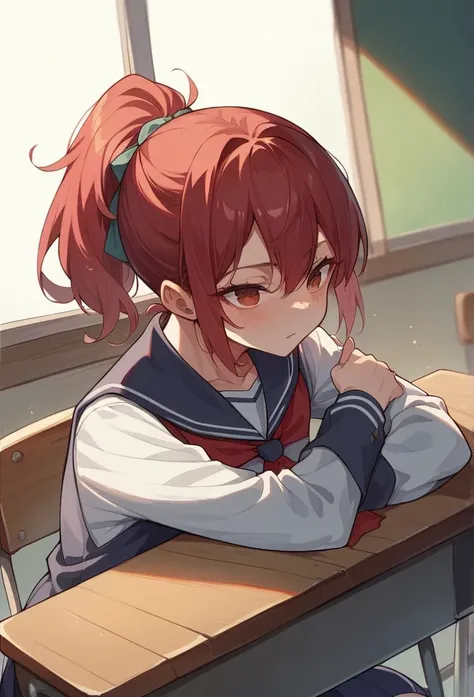 High school girl、uniform、 Japanese、Red Hair、 ponytail、Tall、 having a conversation 、Silent、 No Emotion、alone、classroom、High image quality、 anime style、Parameter table