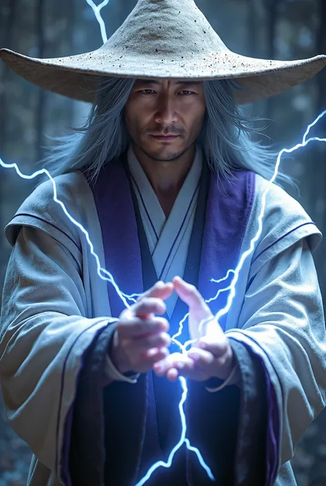   high detail  ,   Realistic, HDR,  Super clearly , ,  ,  ultra high resolution ,  High dynamic range  + The low noise level , The character from the game Mortal Kombat Raiden is an adult Asian white eyes glowing like lightning,  grey hair, big hat ,  whit...