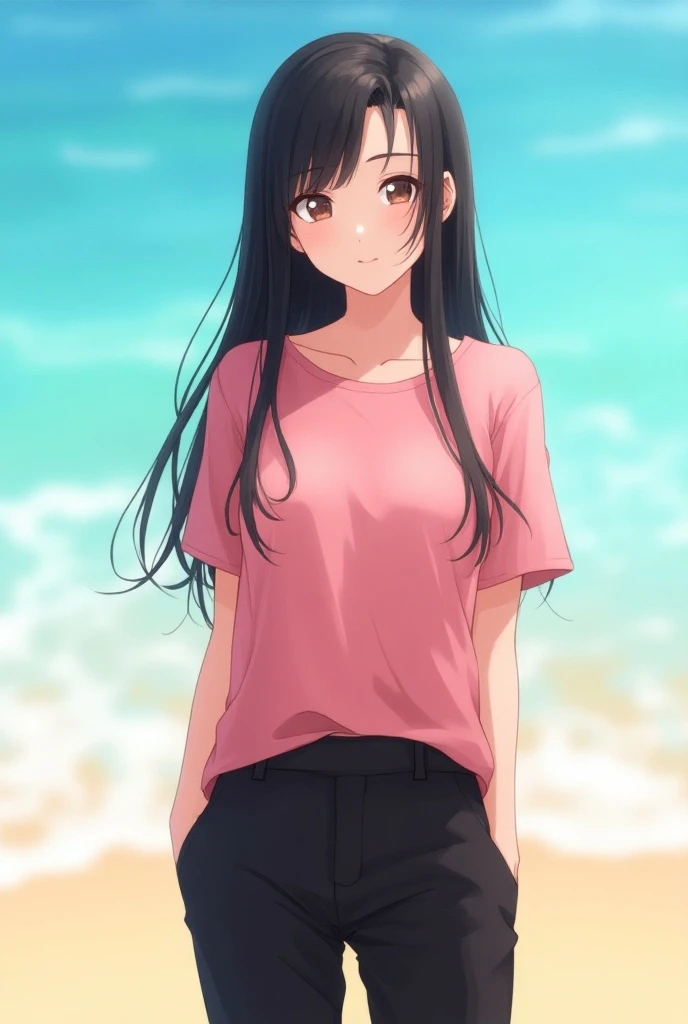 (best quality:1.3), (masterpiece:1.3), anime, 1girl, pink t shirt, black trousers, pant suit, long hair, teenager, black hair, brown eyes, looking at viewer, full body, age 17, beach, summer, daytime,