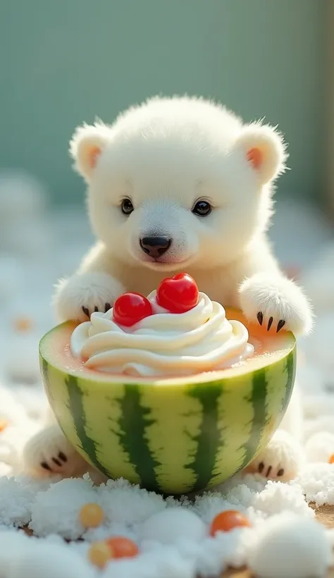 The worlds smallest polar bear baby , The ,  melon soda floats on the melon soda has ice cream and cherries ,  is unquestionably adorable and charming. The photos are very realistic、 accurately captures the subtle characteristics of miniature polar bear ba...