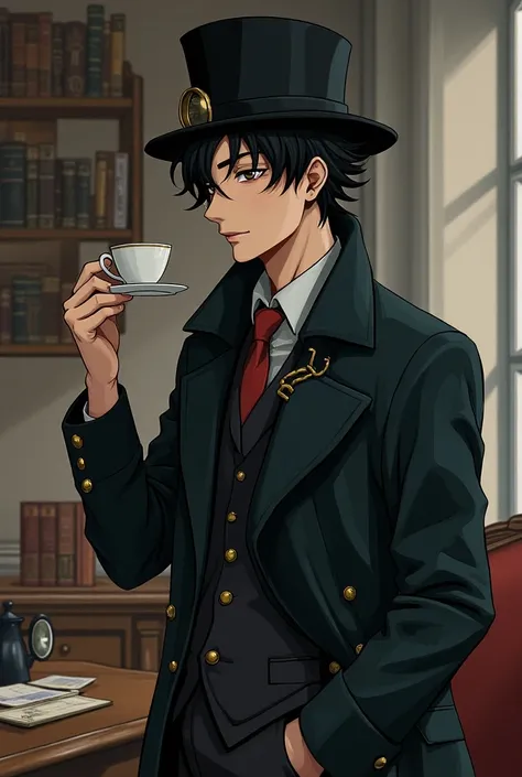 Un personnage manga avec une canne une loupe à loeil et un chapeau qui est en réalité une tasse de thé 