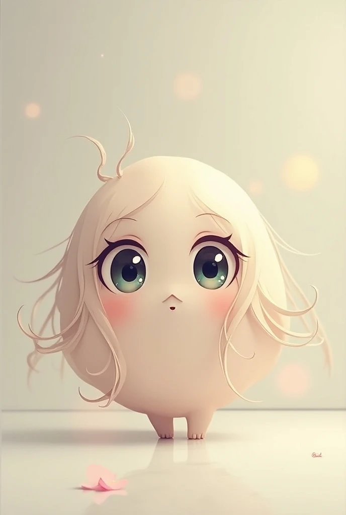 An anime-style medium shot of a round sphere ball shape body with female eyes on it. Female hair also. Background shows empty room