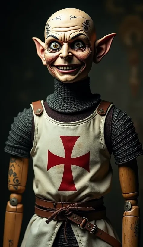  "Create a hyper-realistic, full-body image of a ventriloquist dummy dressed in a dark, knightly Templar outfit. The dummy has an unsettling smile and piercing, glassy eyes. His wooden arms, neck, and part of his face bear faded tattoos of ancient symbols....