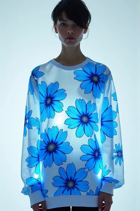 Thin white long sleeve tee ,  all with a neon blue flower pattern