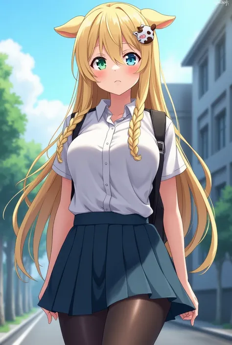  A daring anime girl with green eyes and blond hair braided in a long braid.  One of her eyes is green , and the other one is blue.  She has a slim waist ,  medium chest and wide , curvy hips.  She is wearing a short school skirt ,  black tights and a whit...