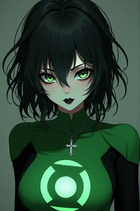  Gothic woman with snow-white skin,  medium short and messy black hair , black eyes, black lips,  wearing crucifix necklace , Dressed as a green lantern, with black details, anime style