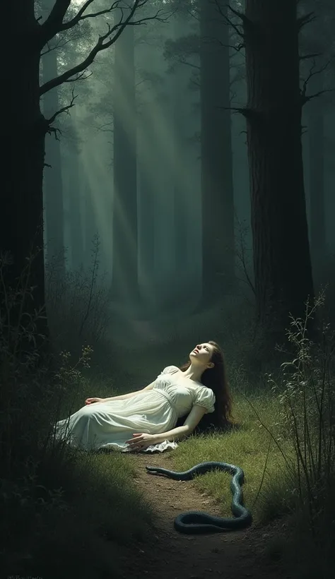 " tragic scene of a woman in a dark forest,  fallen to the ground after a snake bite .  Eurydice is pale and immovable , surrounded by shadows and tall grass . In the background,  the sunlight hides behind the trees ,  reinforcing the dark and sad tone of ...