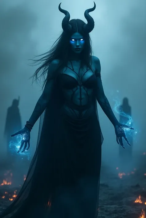 A photorealistic, dramatic scene of a powerful demon woman with deep, midnight-blue skin, her eyes glowing with an intense, icy blue light that radiates a cold, malevolent aura. Her skin is marked with faint, darker blue veins that add a haunting, otherwor...