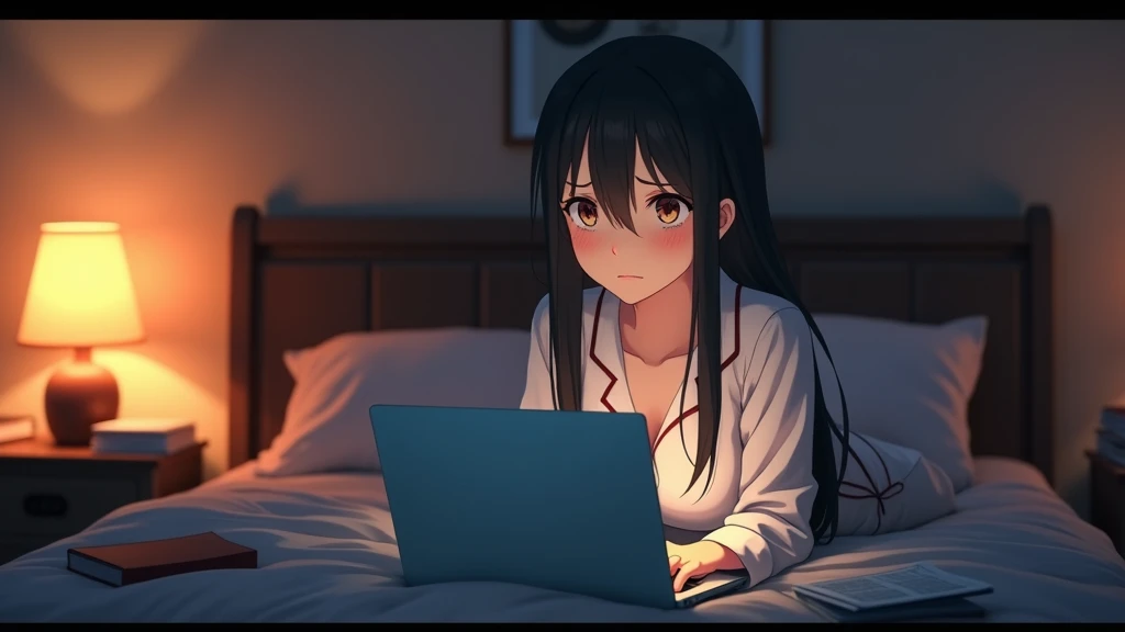 anime style: Incredibly realistic and highly detailed, anime cinematic
Scene in a cozy bedroom: A young woman in her early 20s, with long dark hair, wearing pajamas, is lying on her bed with her laptop. She is scrolling mindlessly through social media, her...