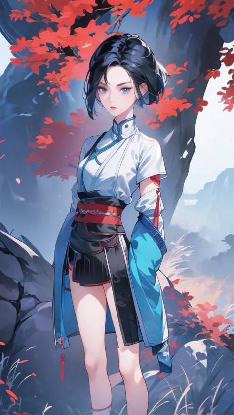 Masterpiece, Best quality, 1 Ji Ruxue, the expression is cold, strong, blue eyes, short hair, wolfcut hairstyle, smoky mix blue color hair, resolute eyes, red lips, simple Taoist Taoist uniform, Chinese mix morden, frontal photo, black or white background,...