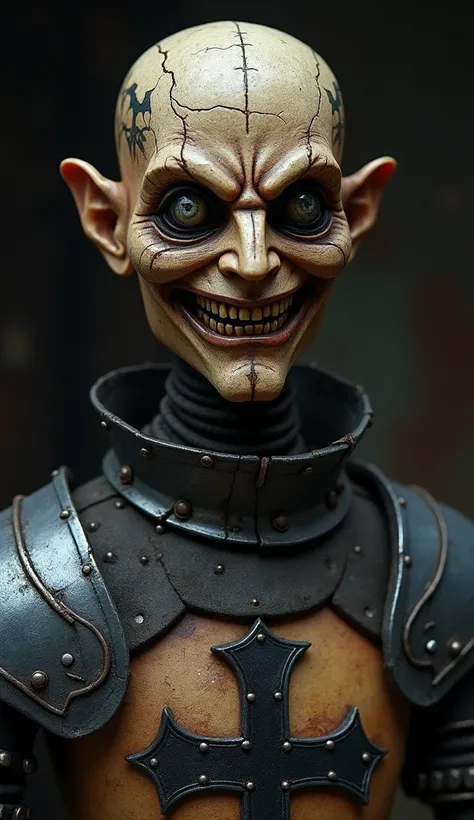 "Create a hyper-realistic, full-body image of a ventriloquist dummy dressed as a dark Teutonic knight. The dummy wears a worn, dark gray tunic with a faded black cross, heavy metal armor, and a sinister smile that reveals cracked, yellowed teeth. Intricate...