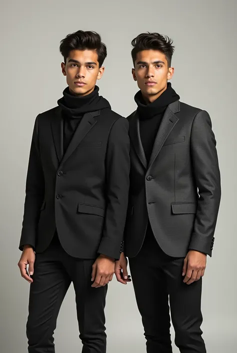 Male twin couple photographed from the front: The whole body can be seen with clothes 