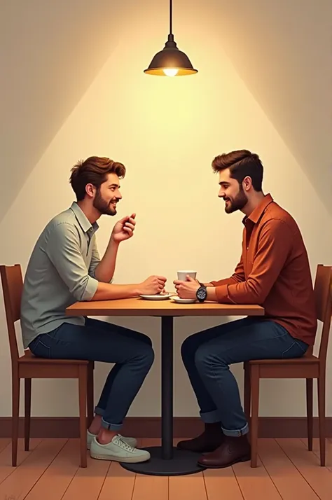 Two mens sit right on the table 
