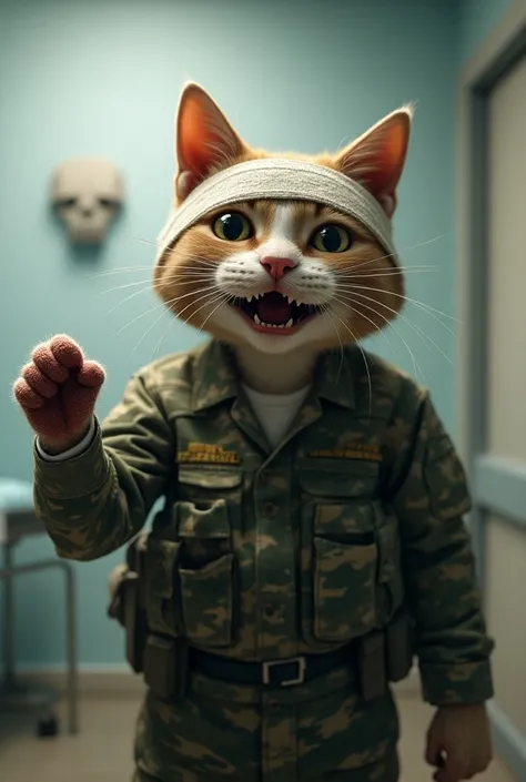 A male soldier cat, wearing full camouflage military attire with his head bandaged and bleeding, is waving his hand while smiling. His face shows a relieved laugh. The setting is a hospital room.

