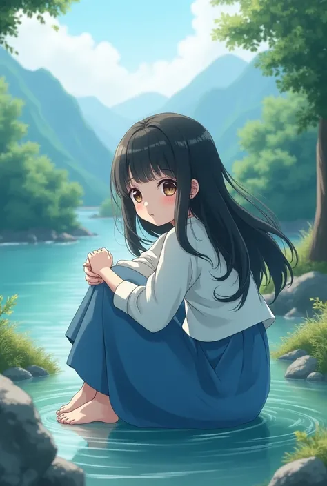 An anime-style medium shot of a young girl with black hair and brown eyes. She is curled up in a cannonball position, her body forming a sphere. She is wearing a white shirt and a blue skirt. The background is a serene landscape with trees, mountains, and ...