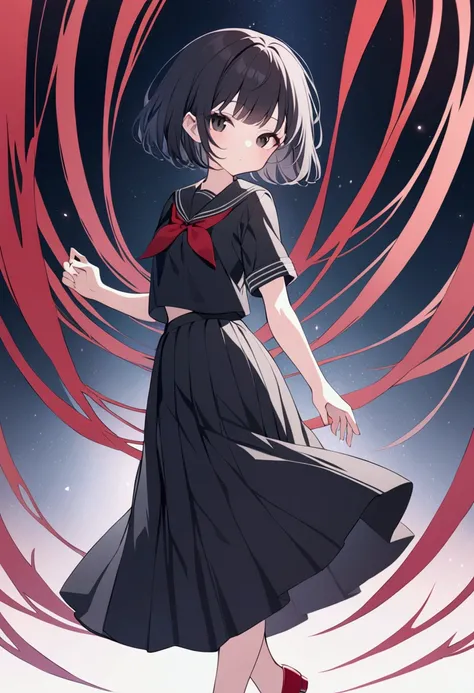  black short hair,  black eyes, Black school uniform,  red ribbon,  black long skirt , red shoes , girl