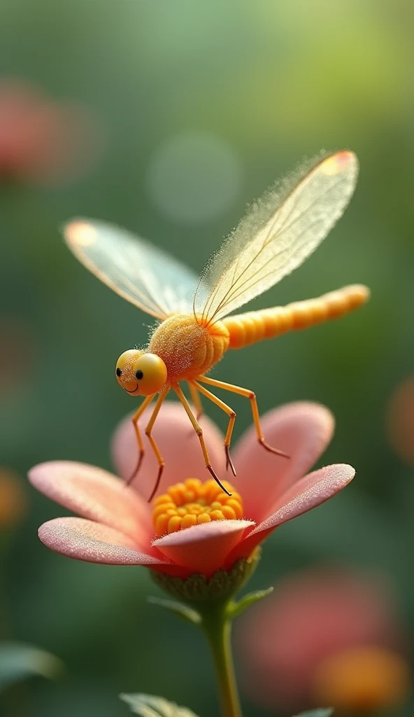 A hybrid between a macaron and a dragonfly, delicately perched on a flower. Its body is elongated and smooth, resembling a macaron filled with a creamy, colorful filling like raspberry or lemon curd. The macaron-dragonflys body is perfectly balanced with w...