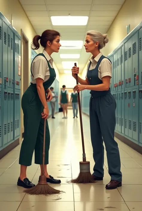 Two aunt cleaner are talking seriously at school while sweeping floor