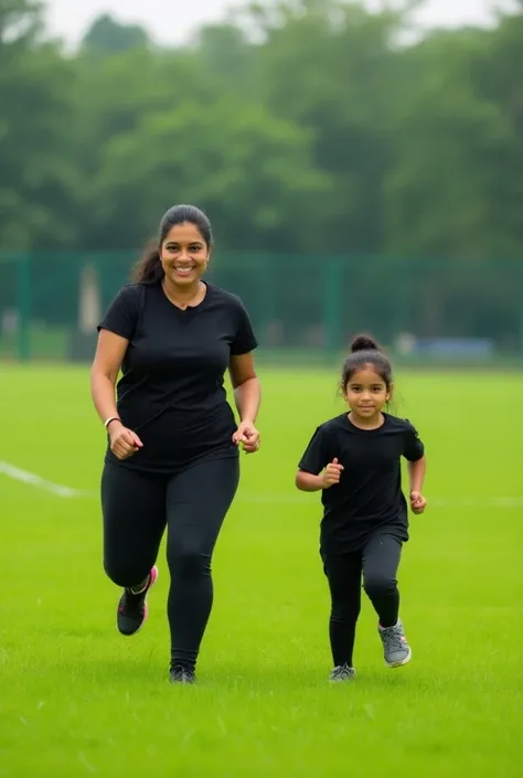 Absolutely real image of a 25 years old beautiful pretty gorgeous healthy plumb indian college girl wearing black tshirt pant and shoes is doing exercise with her mother in the green sports field 