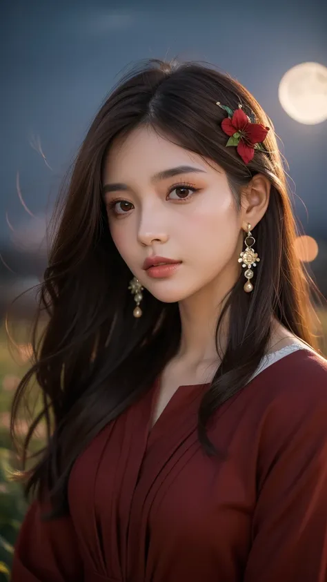 1girl, blurry, blurry_background, brown_eyes, brown_hair, depth_of_field, earrings, flower, full_moon, hair_flower, hair_ornament, lips, looking_at_viewer, moon, moonlight, night, night_sky, outdoors, red_flower, red_moon, sky, solo