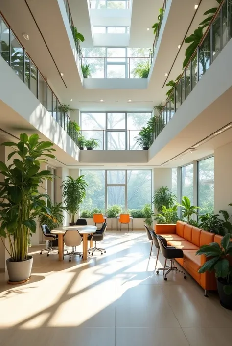 "Design a modern and functional administrative area for a university. The space should feature an open-plan layout with private offices, meeting rooms, and reception areas. The design should incorporate sustainable architectural elements, such as natural l...