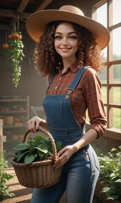 (best quality,4k,8k,highres,masterpiece:1.2),ultra-detailed,realistic,red-haired girl with freckles,beautiful detailed eyes and face,smug expression,sassy attitude,cute girl,curly red hair,plaid shirt,denim overalls,hat,farmer boots,brown curly hair,long e...