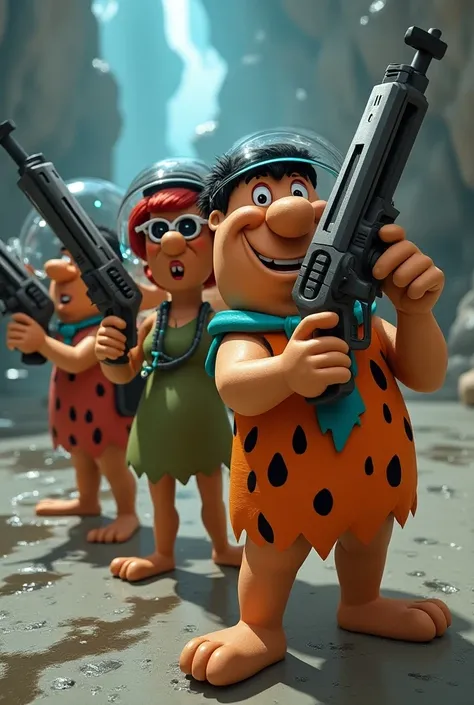 Flintstone cartoon characters holding space guns and in futuristic eye shades wearing space helmets