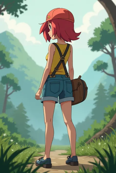 misty (pokemon), 1girl, solo, yellow shirt, sleeveless shirt, suspenders, denim shorts, outdoors