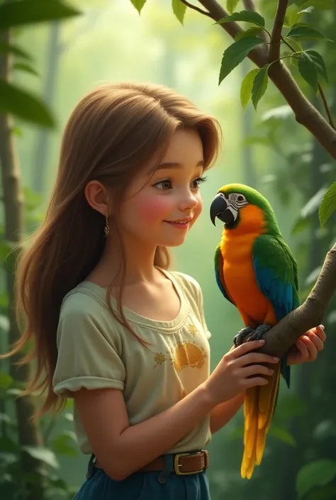  1girl, Blush, Brown Hair, The girl talking to a parrot on a branch of a tree