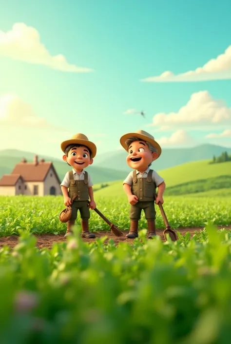 In cinematic 3d cartoon style-
Here is the image based on the story of the farmers friendship and determination in the field. Let me know if youd like any adjustments