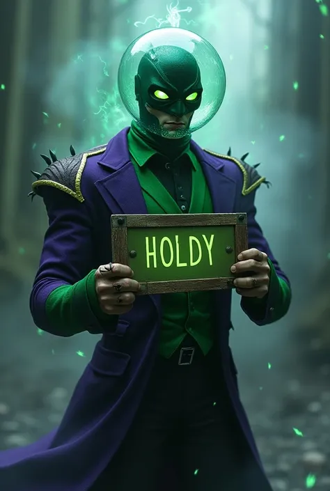  Draw a Marvel Mysterio character holding a sign, and it says Holdy 