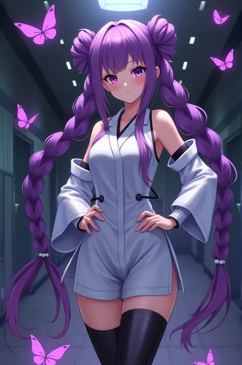 Anime. White narrowed eyes. Smug smile. A young woman with purple hair. Styled in long twin braids and twin buns. Dressed in a white psych patient uniform with a short skirt, kimono sleeves, and thigh high black platform heel boots. Posing like a model ins...