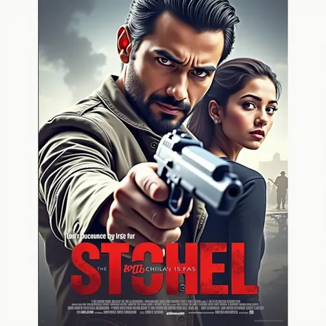 create a cinematic bollywood action movie poster featuring two character a young handsome gangster stands heroicaly in foreground, wearing a gangster coat, his chiseled features and intense eyes filled with determination. he is holding a pistol in his hand...