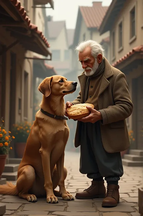 This old man is feeding bread to a dog