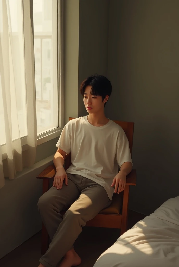 BTSs Jeon Jungkook Forte sitting on a chair in the corner of a bedroom 