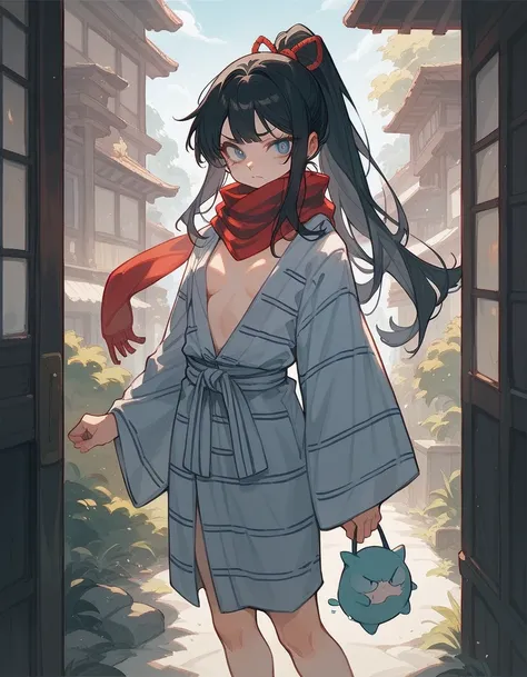 Black Haired Girl,Long hair,Ponytail, in blue eyes,Yukata set,Fierce faceดัน, small breasts,Put on dumpling shoes,thigh,stand,Chest Scarf,Fierce face