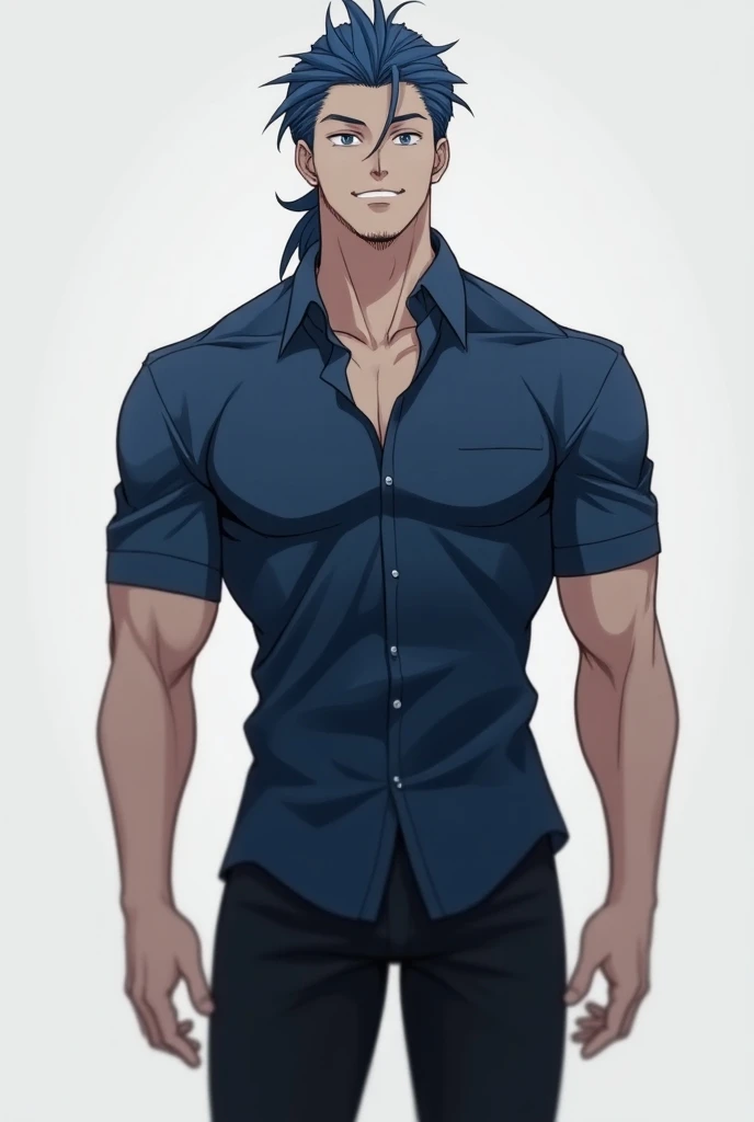 2-meter-tall male anime character, half muscular, faint dark blue button down shirt ,  black pants ,  weak blue hair with ponytail 