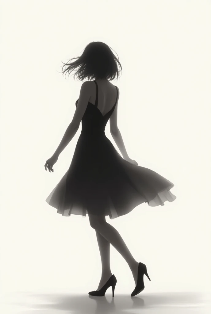  Create a photo of a woman wearing a dress tied to her body medium hair and heels, From the back to the camera and only her shadow  