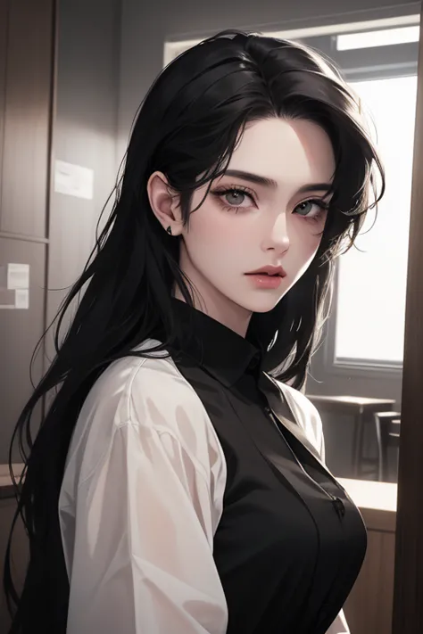 (best quality, ((masterpiece)), Detailed Eyes, 8K resolution, cinematic lighting,digital art,detailed clothes,Semi-realistic, ultra detailed),((long hush cut, black hair)) upstage,1 woman, korean, 35-year-old, black dress shirts,looking at view,upper body, kpop makeup,The location is the office hallway