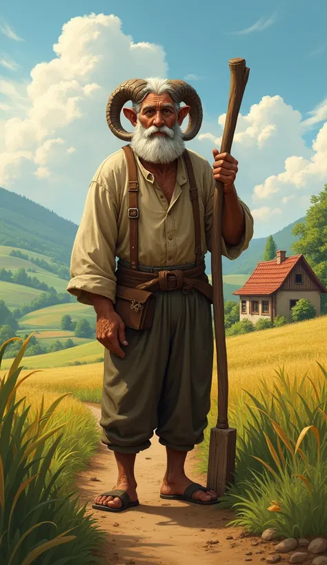 Ram, a simple, hardworking farmer, standing in a small rural village. He looks hopeful, holding a plow with a small farmhouse and fields in the background.